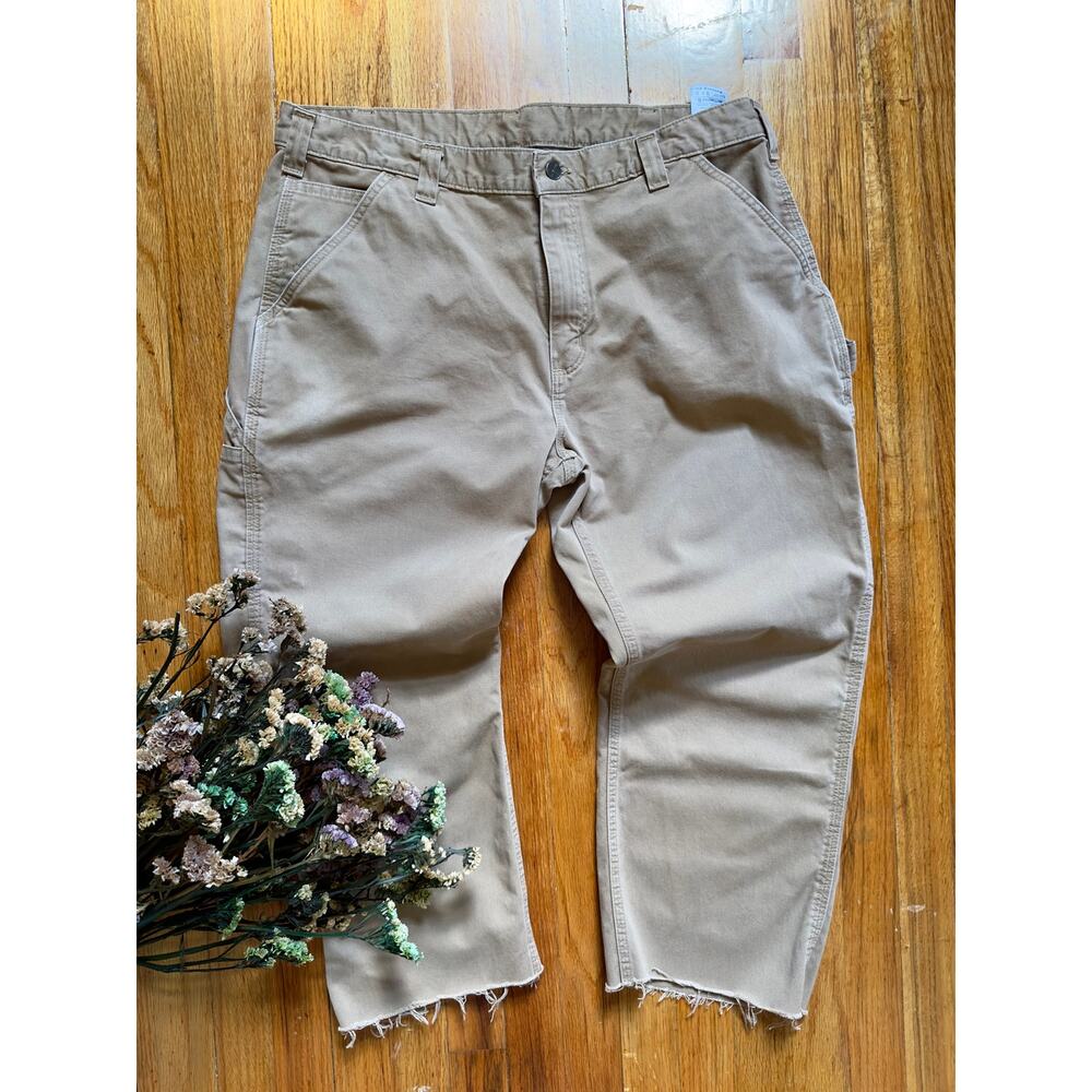Carhartt B324 DKH Relaxed Fit Carpenter Pants Cut Off Raw Hem Tan Mens Sz 38x30
